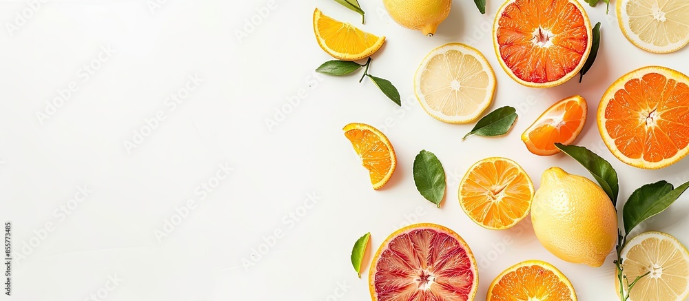 Fototapete creative composition of colorful citrus fruits isolated on white background, top view, flat lay. cop