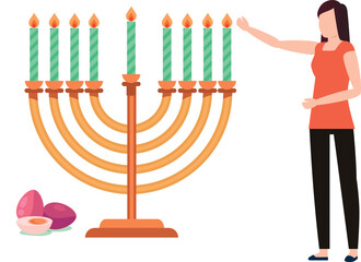 The jewish girl is telling about the hanukkah candles.
