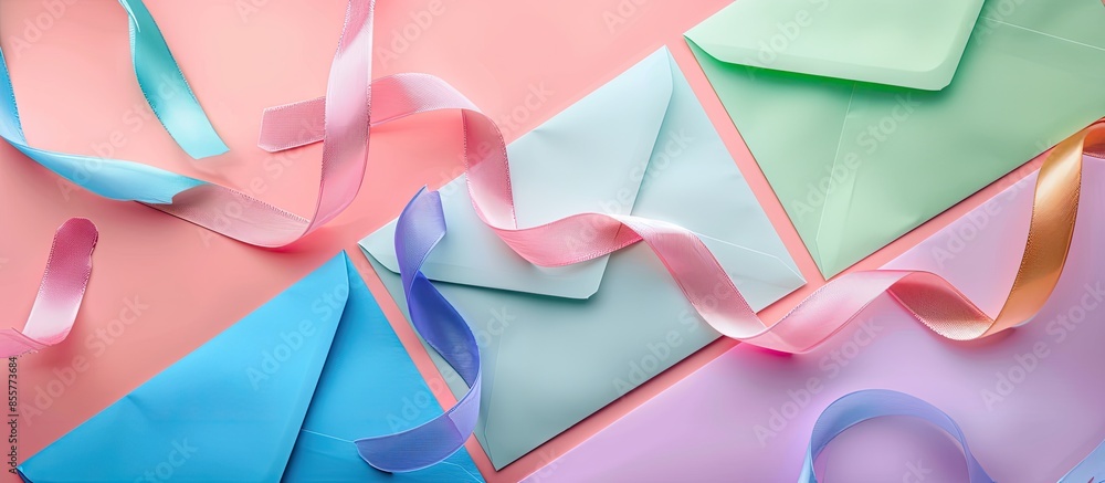 Poster The envelopes with colorful ribbons.For the meaning of your message or web design and design background. pastel background. with copy space image. Place for adding text or design
