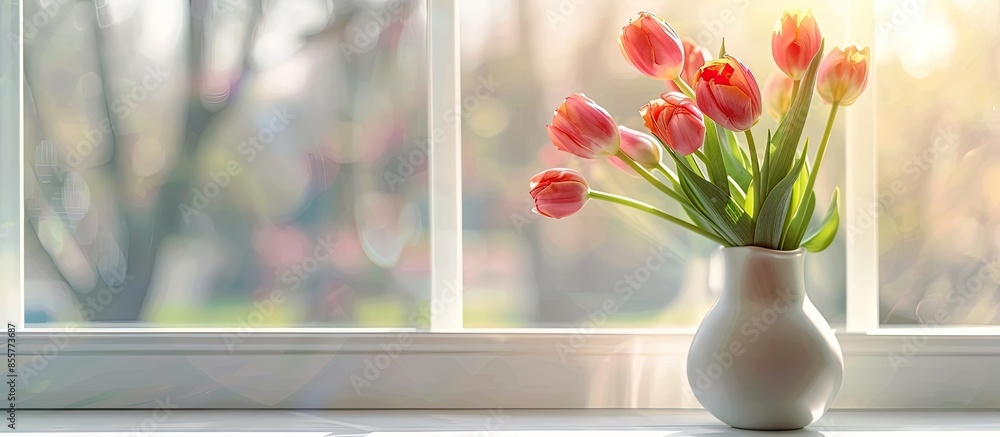 Fototapete Vase with beautiful tulips on windowsill. with copy space image. Place for adding text or design