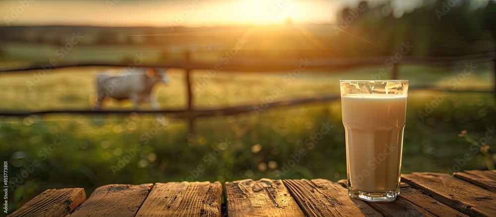 Aufkleber fresh milk in glass on dark wooden tabletop and blurred landscape with cow on meadow. healthy eating