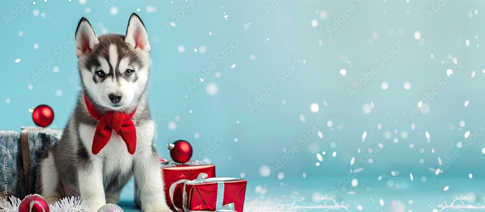 Poster siberian husky puppy pastel background christmas baby. with copy space image. place for adding text 