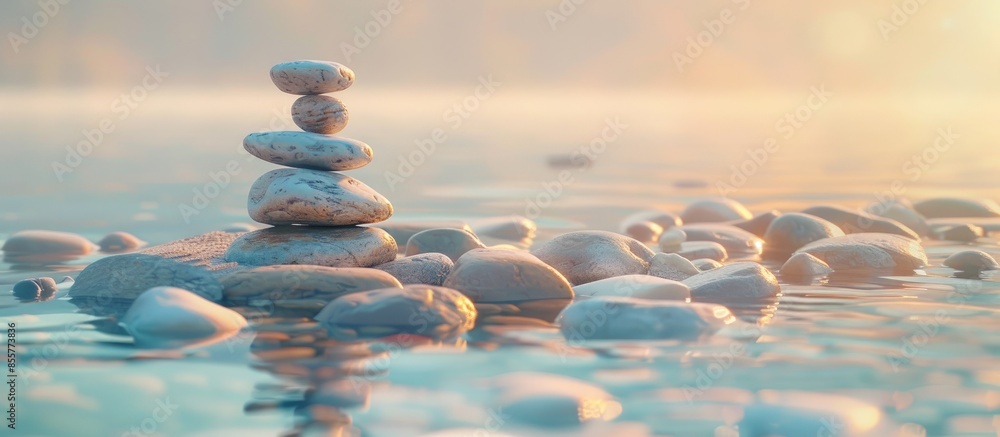 Poster stones pile in the river pastel background water beach. with copy space image. place for adding text