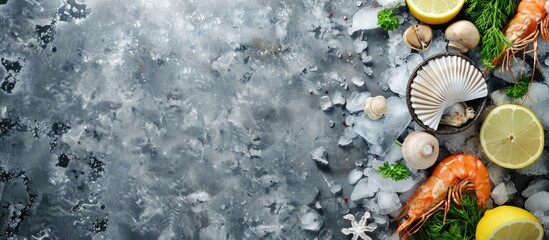 Fototapeta premium Seafood raw material with overhead view on the ice.Top view frozen mediterranean food and ingreident herb such as lemon ,dill, parsley. with copy space image. Place for adding text or design
