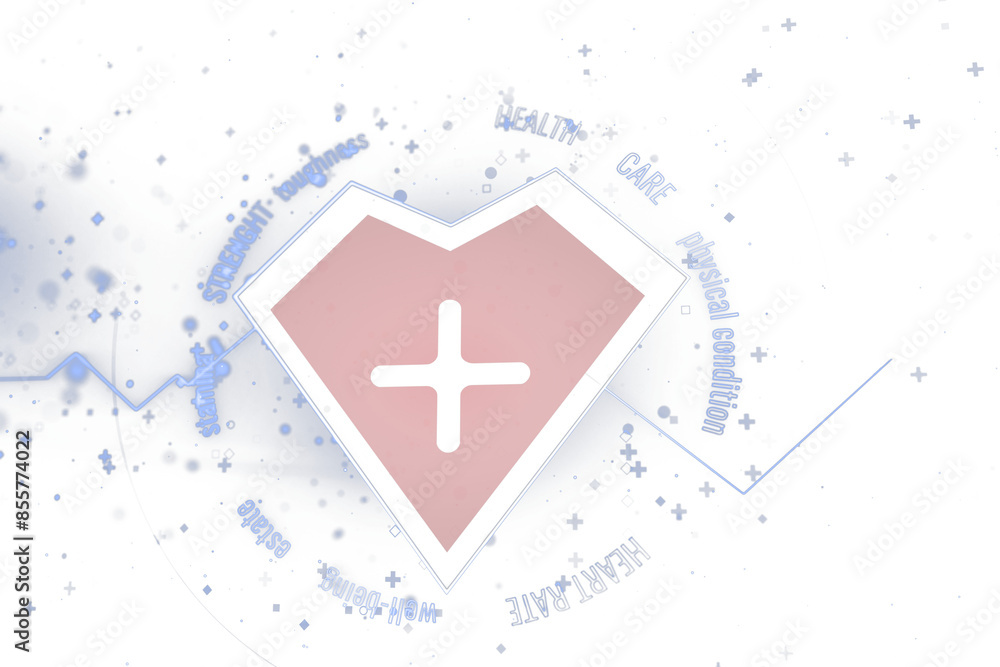 Poster a graphic design featuring a pink cross within a heart icon over a background with health-related wo