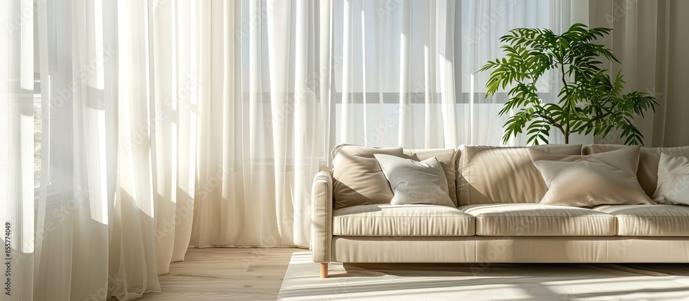Aufkleber contemporary interior of living room with part of sofa in sunny day and white curtain interior backg