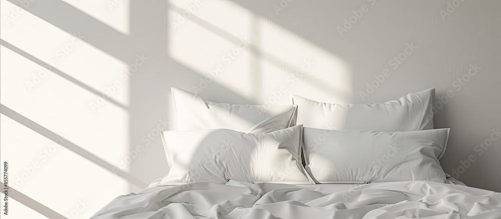 Poster White pillows on bed in room. with copy space image. Place for adding text or design