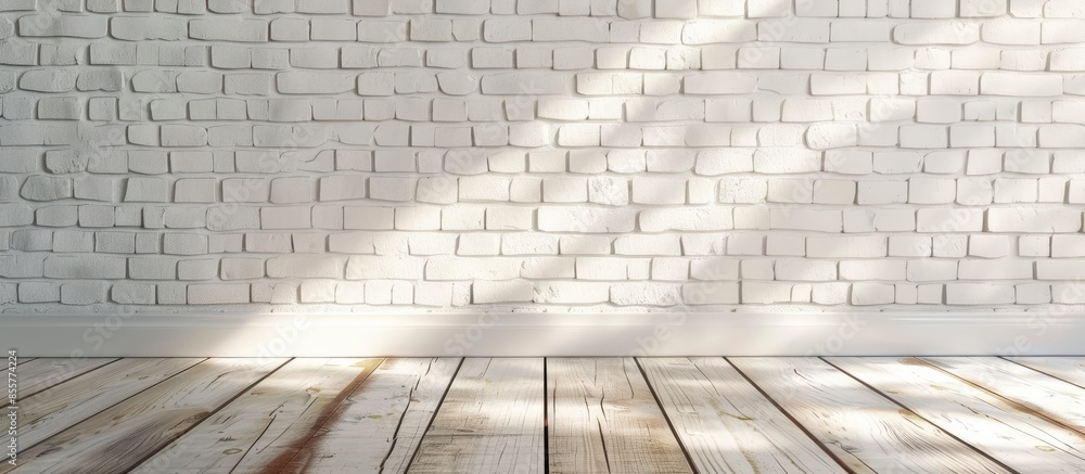 Poster white brick wall background with perspective light wood, slightly blurry wood foreground. with copy 