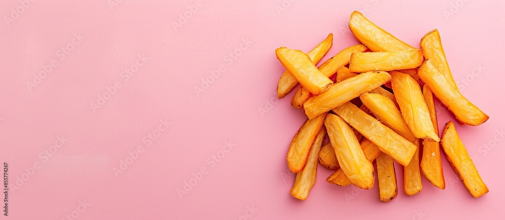 Poster deep fried sliced potatoes stick isolated on pastel background. with copy space image. place for add