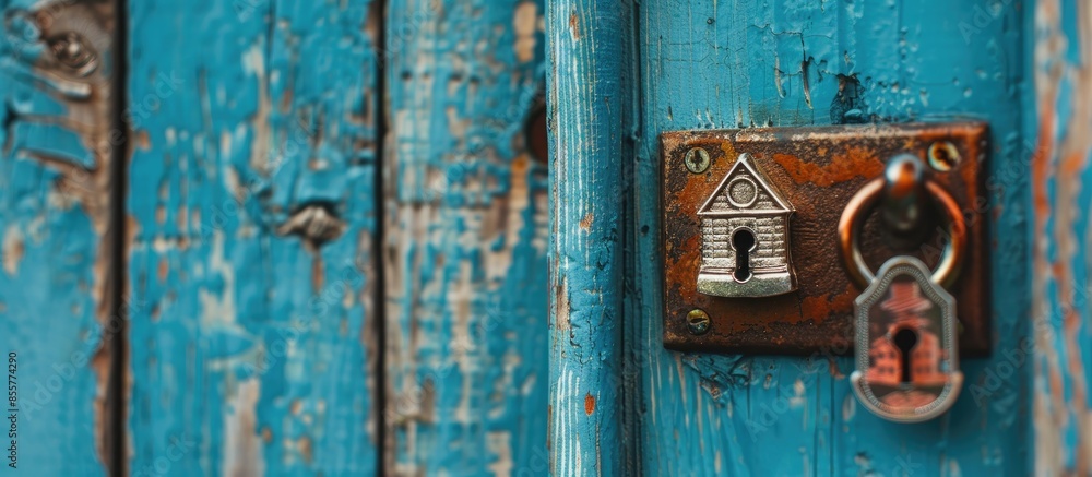 Poster Lock on the door decorated with a picture of houses. with copy space image. Place for adding text or design