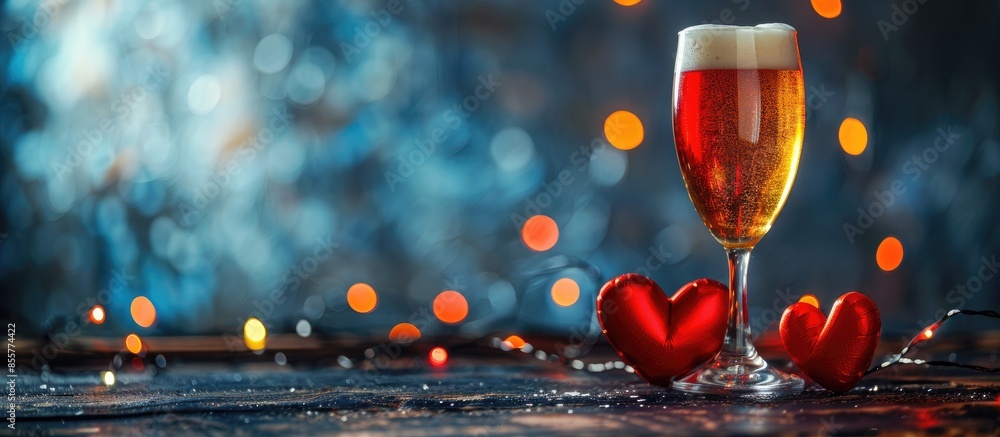 Poster a glass of light beer for valentine's day and a red heart. with copy space image. place for adding t