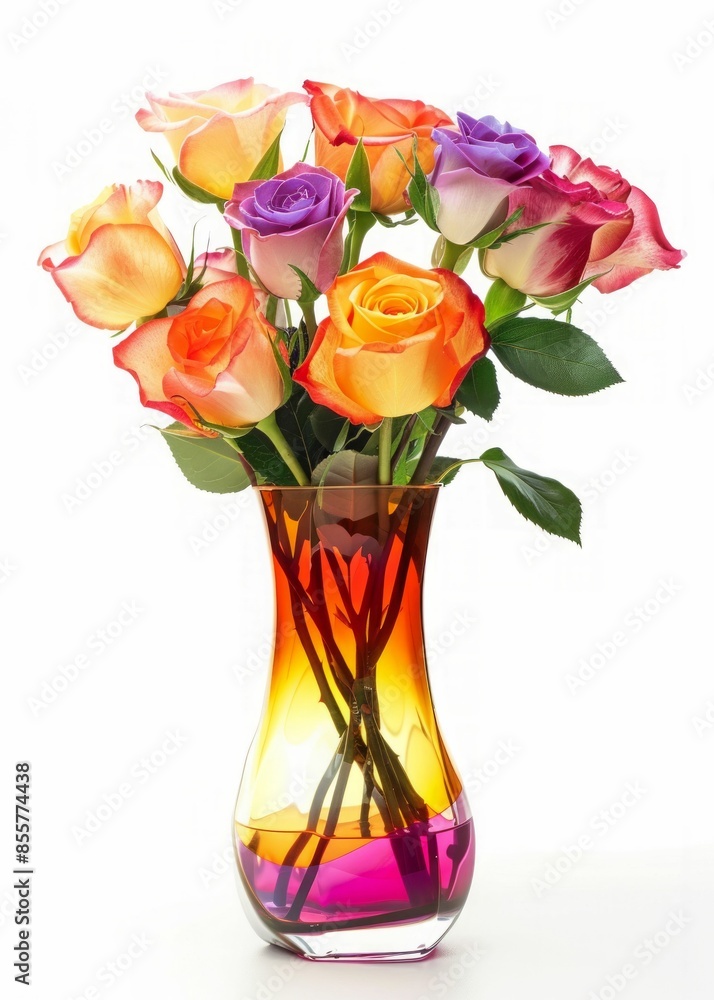 Sticker AI-generated illustration of a vibrant bouquet of multicolored roses in a glass vase