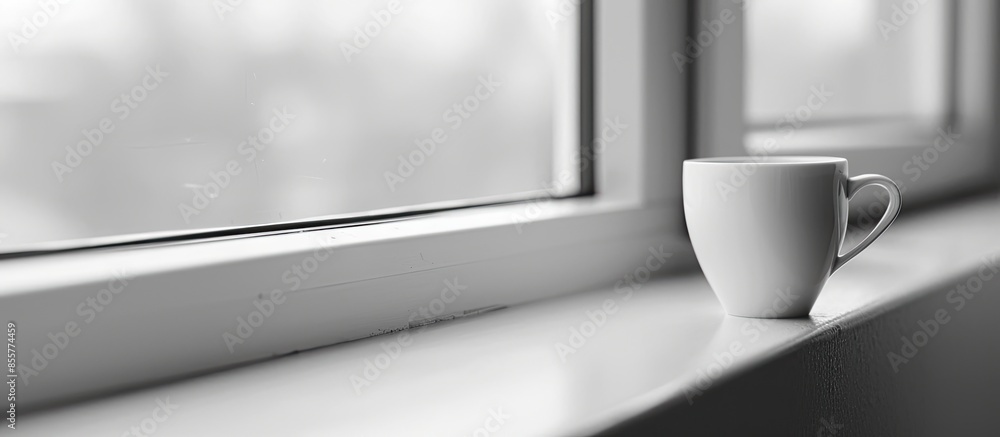 Aufkleber White cup of coffee on a sunlit window sill. Black and white image, selective focus. with copy space image. Place for adding text or design