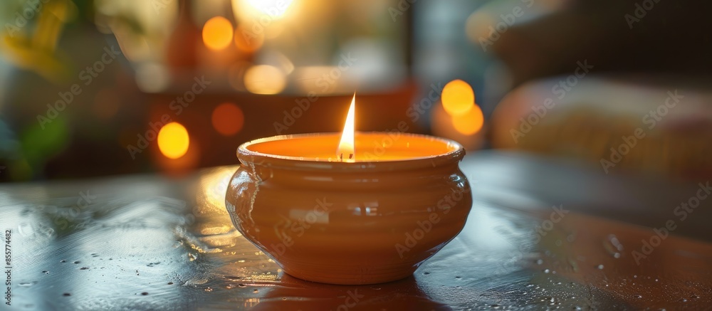 Poster close up shot of fire burning candle in ceramic pot. with copy space image. place for adding text or