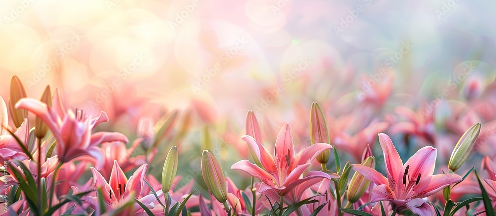 Poster Field with dozens of arranged and open pink red lilies (Lilium) pastel background. with copy space image. Place for adding text or design