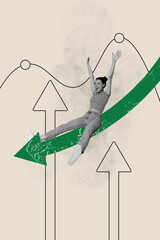 Vertical photo collage of inexperienced angry girl ride arrow point down recession work problem...