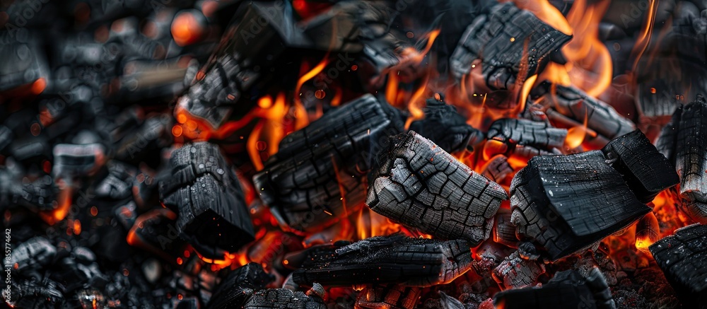 Poster flames burning a bonfire with coals, fireplace, close-up. with copy space image. place for adding te