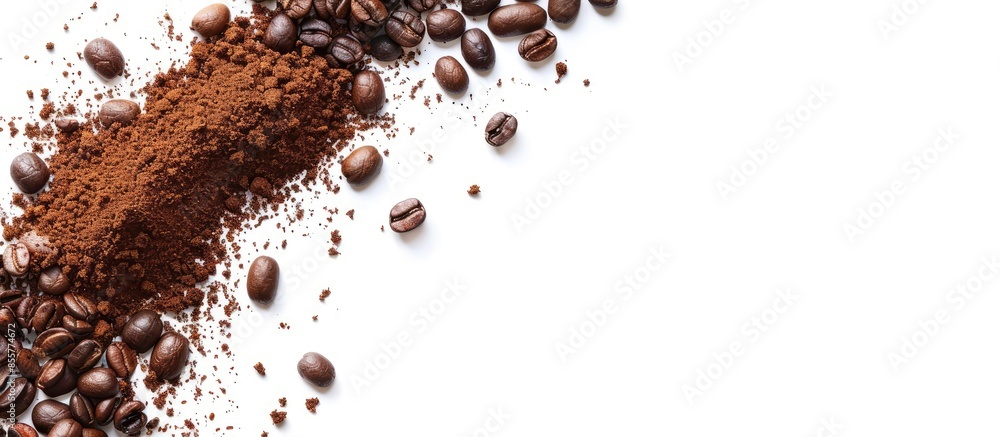 Leinwandbilder Flat lay of ground coffee with coffee beans isolated on white background. Copy space image. Place for adding text or design