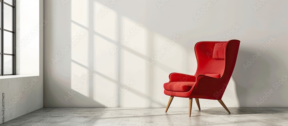 Aufkleber Modern graceful red armchair made from soft plastic and wood. Side view. with copy space image. Place for adding text or design