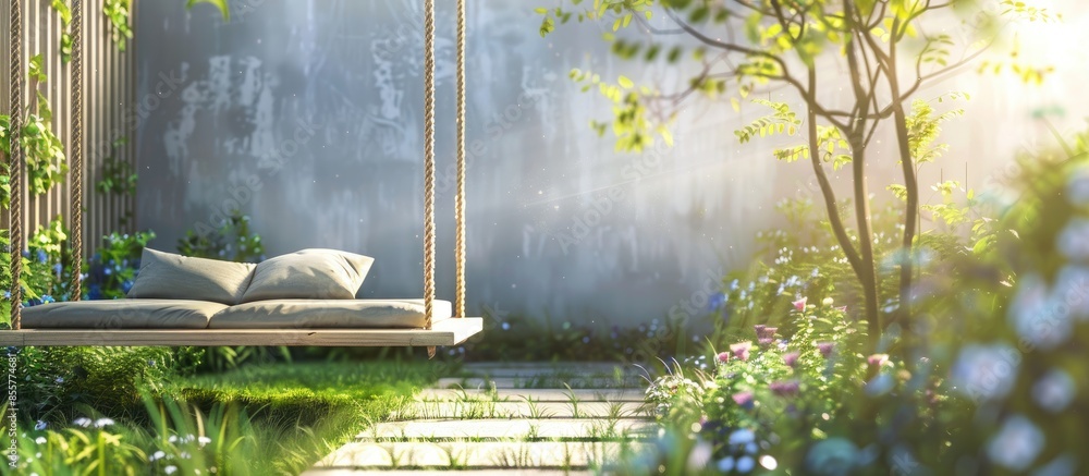 Poster Garden with terrace and swing. Copy space image. Place for adding text or design