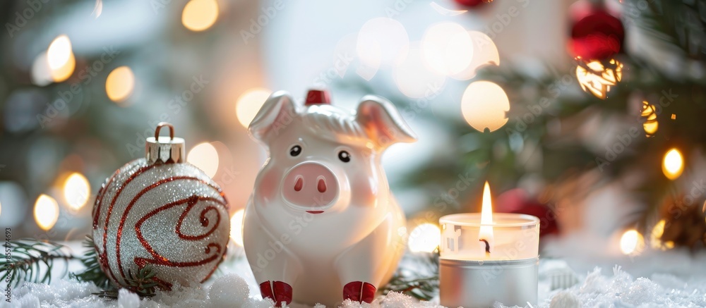Aufkleber pig figurine and a candlestick in the form of a white house on the background of christmas decoratio