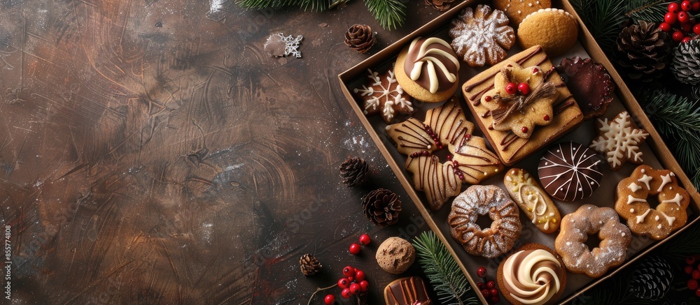 Aufkleber Different christmas cookies in a cookie box from above. with copy space image. Place for adding text or design