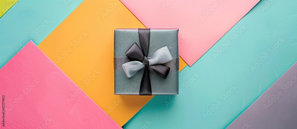Poster gray gift tie on colorful background pastel background. with copy space image. Place for adding text or design