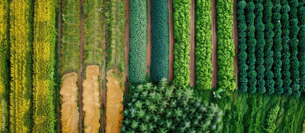 Poster Aerial image of agricultural test plots with different sorts of cereal crops, hybrids, shoot from drone. with copy space image. Place for adding text or design