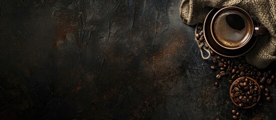 cup of coffee and coffee beans in a sack on dark background, top view. Copy space image. Place for adding text or design