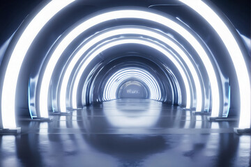 Naklejka premium White background 3D room light abstract space technology tunnel stage floor. Empty white future 3D neon background studio futuristic corridor render modern interior silver road black wall design gray