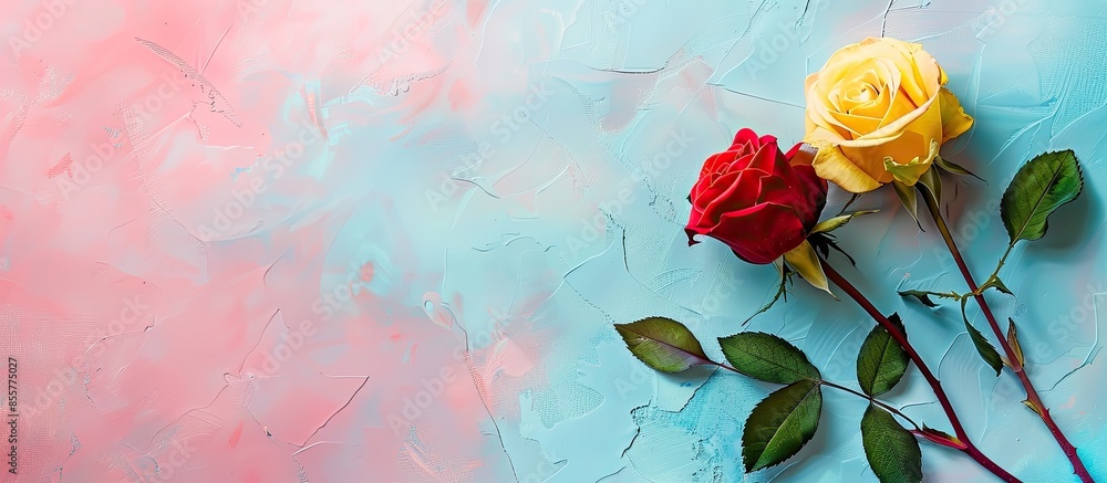 Poster Red and yellow rose on a pastel background   Design. with copy space image. Place for adding text or design