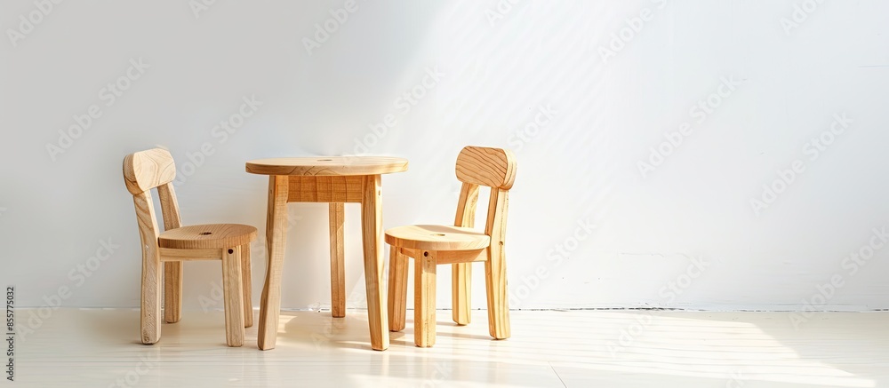 Poster Toy wooden armchairs and table on white background. with copy space image. Place for adding text or design