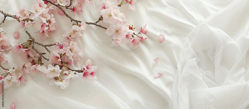 Aufkleber bed decorated with pink and white flowers sakura branches. with copy space image. place for adding t