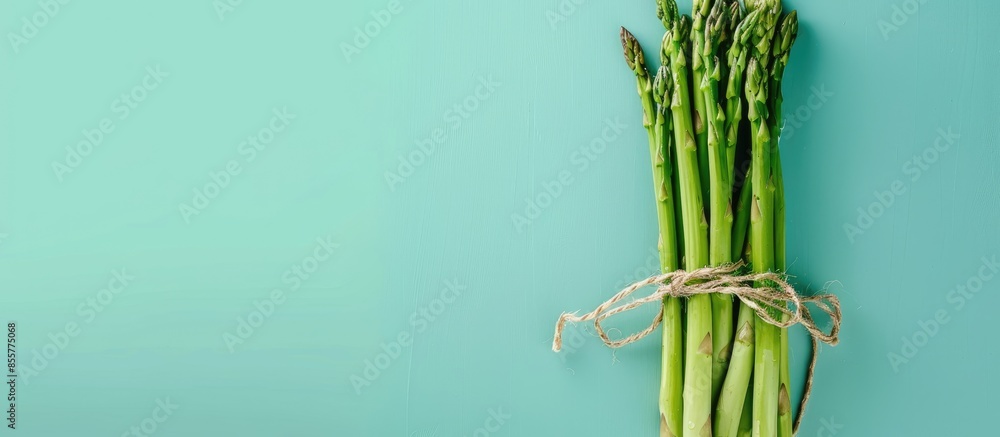 Poster bunch of fresh asparagus isolated on pastel background. with copy space image. place for adding text