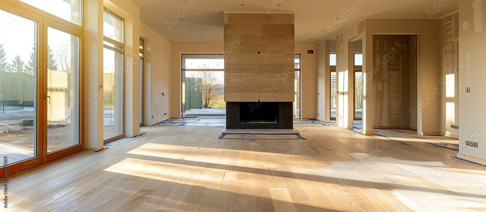 Poster new built living room with fireplace. with copy space image. place for adding text or design