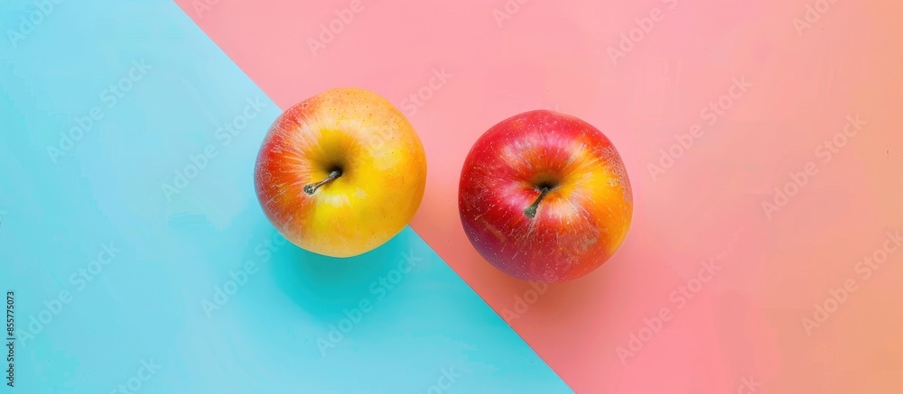 Aufkleber red apple isolated on colorful background. two organic healthy apples. pastel background. with copy 