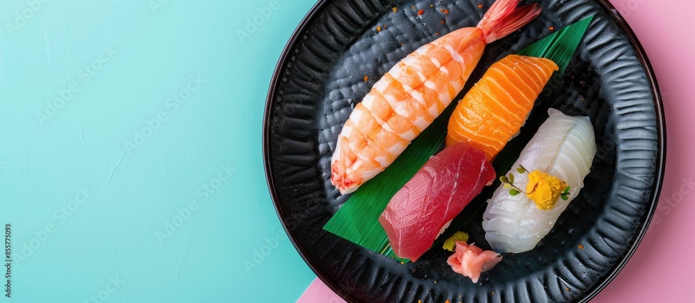 Poster chikuwa isolated on black dish on pastel background. with copy space image. place for adding text or