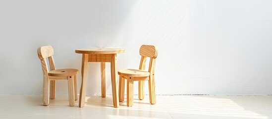 Fototapeta premium Toy wooden armchairs and table on white background. with copy space image. Place for adding text or design