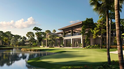 A spacious golf course clubhouse with a terrace overlooking the greens and water feature