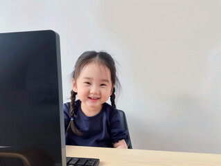 Naklejka premium girl sitting at desk with laptop