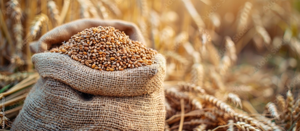 Poster sacks of grain on the background field of ripe wheat. copy space image. place for adding text or des