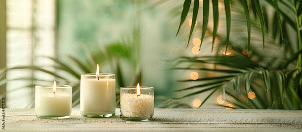 Poster table decoration with plant and candles. with copy space image. place for adding text or design