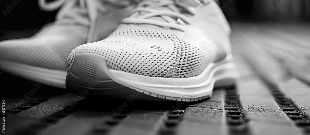 Poster close up view of nice sport shoe on black and white. Copy space image. Place for adding text or design