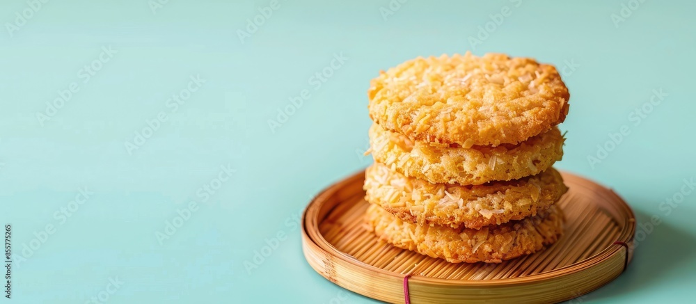 Poster One whole homemade golden coconut biscuit on bamboo coaster Isolated on pastel background. with copy space image. Place for adding text or design