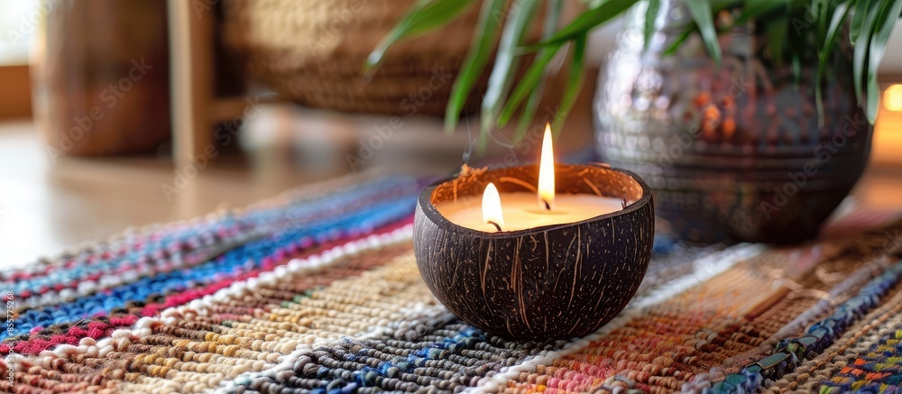 Poster cozy home interior decor, burning candles in coconut shell on a multi-colored rug with metal vase ba