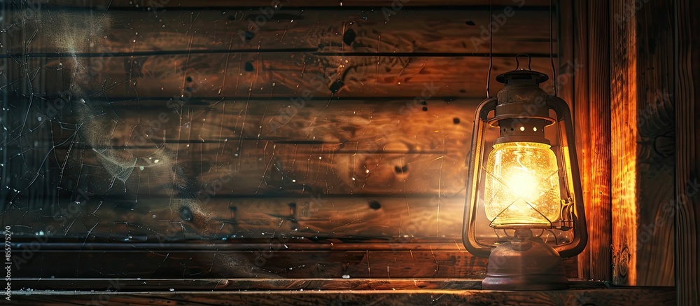 Poster Dirt dust and cobwebs on the lighted lamp inside an old wooden house. with copy space image. Place for adding text or design