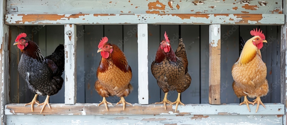 Aufkleber Four different chickens perch in a chicken coop. Disagreement. Copy space image. Place for adding text or design