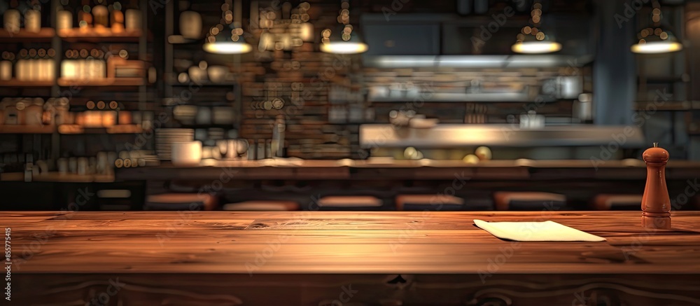 Poster dark interior of kitchen and restaurant with napkin and desk . with copy space image. place for addi