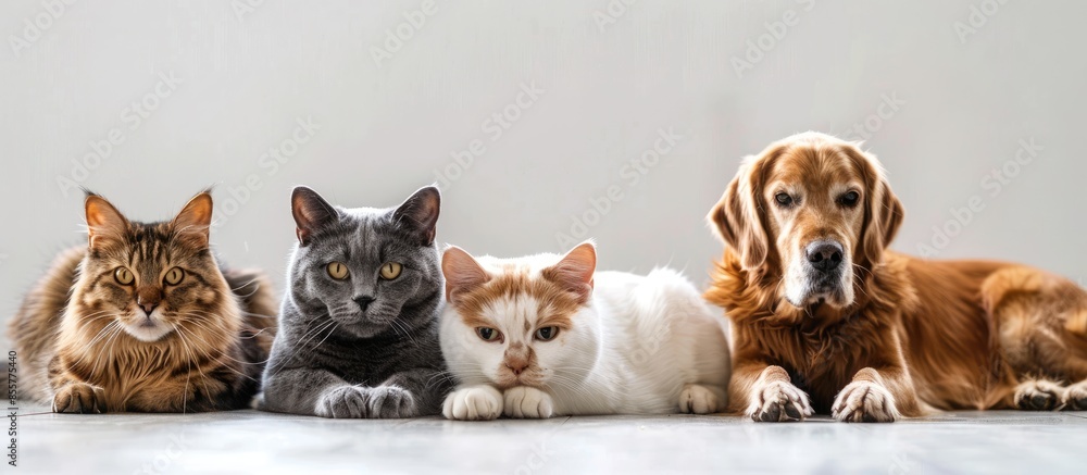 Poster british shorthair cats and golden retriever. copy space image. place for adding text or design