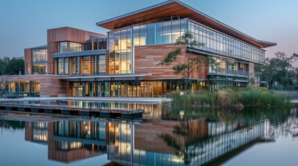 Obraz premium Modern lakeside building with a wooden facade and large glass windows, reflecting on the tranquil water. The design blends contemporary style with natural elements, creating a harmonious environment. 